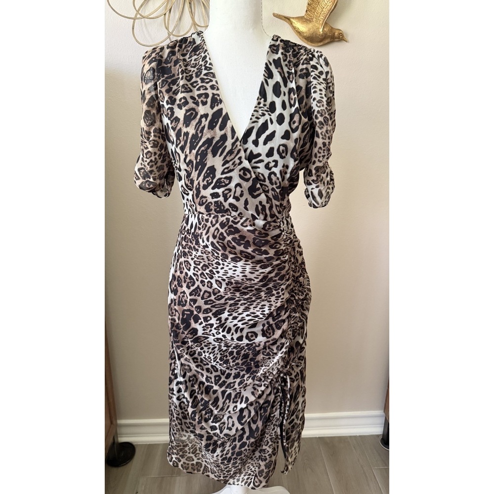 ASTR The Label Leopard Print Ruched Wrap Midi Dress Puff Sleeve Women's S